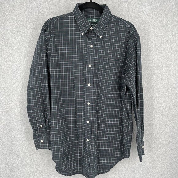 Lauren Ralph Lauren Mens Plaid Button Up Shirt Size 16 Neck Green Red White EUC - Picture 1 of 12